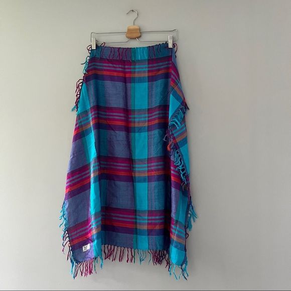 Vintage Echo Square Plaid Scarf Fringe Blue Purple - Picture 2 of 7